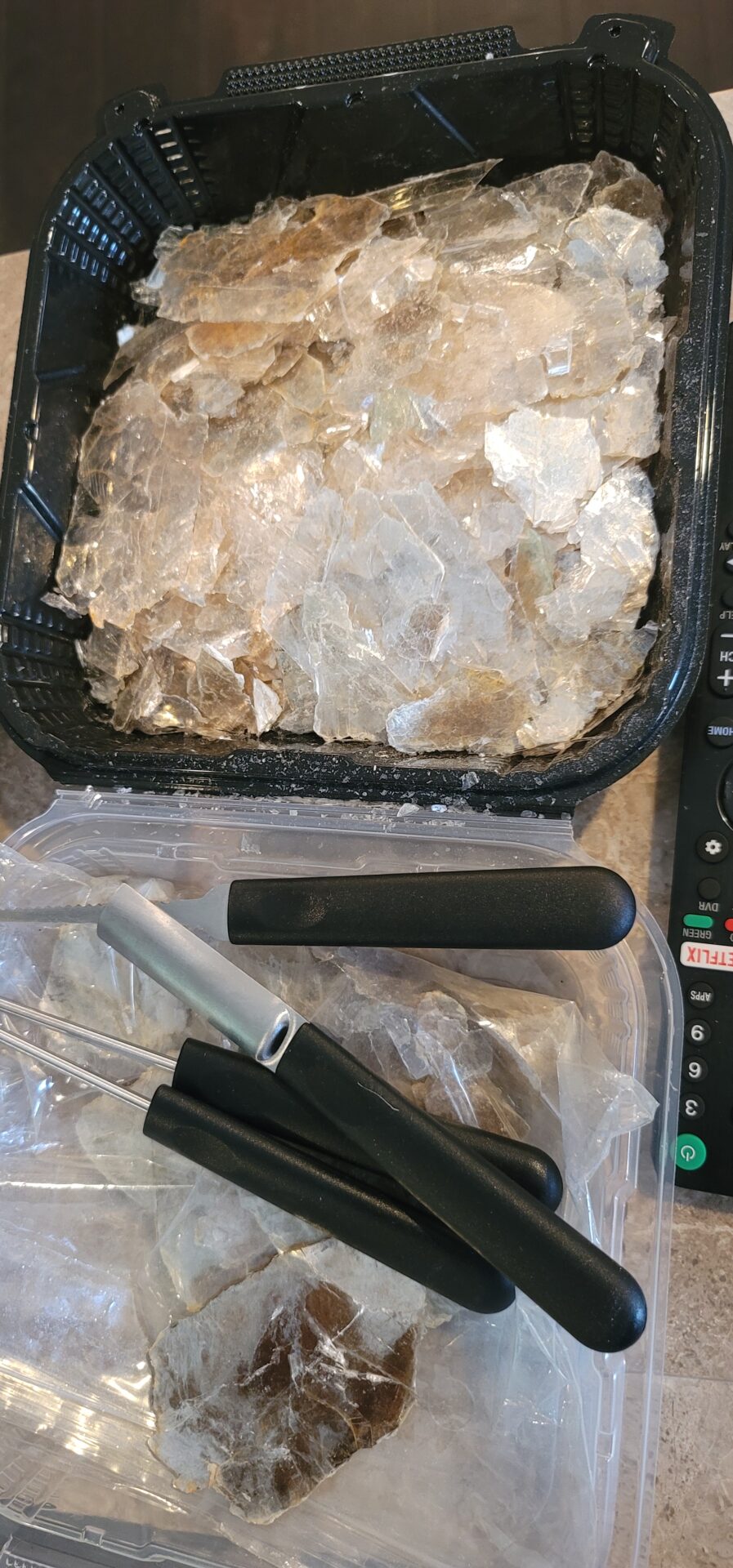 buckets of crystals and tools