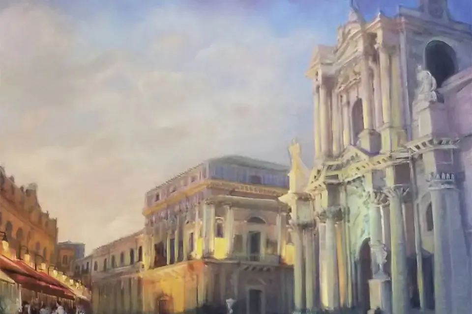Beautiful Painting Of A Church and Buildings