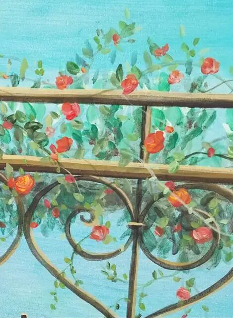 Oil landscape painting, summer roses